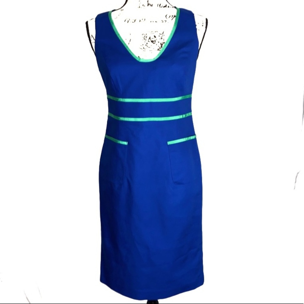 💙✨ Anne Klein Blue Sheath Dress w/ Green Trim – Size 2 💼💚 - Picture 5 of 12
